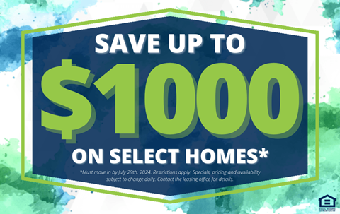 save up to 100 on select homes with a blue and green sign